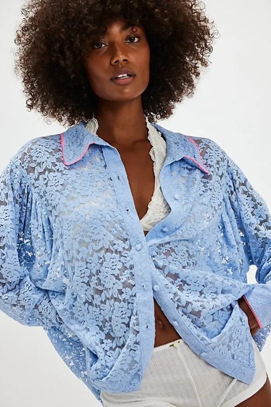 Free People Intimately All Day Lace House Shirt Kentucky Blue Medium